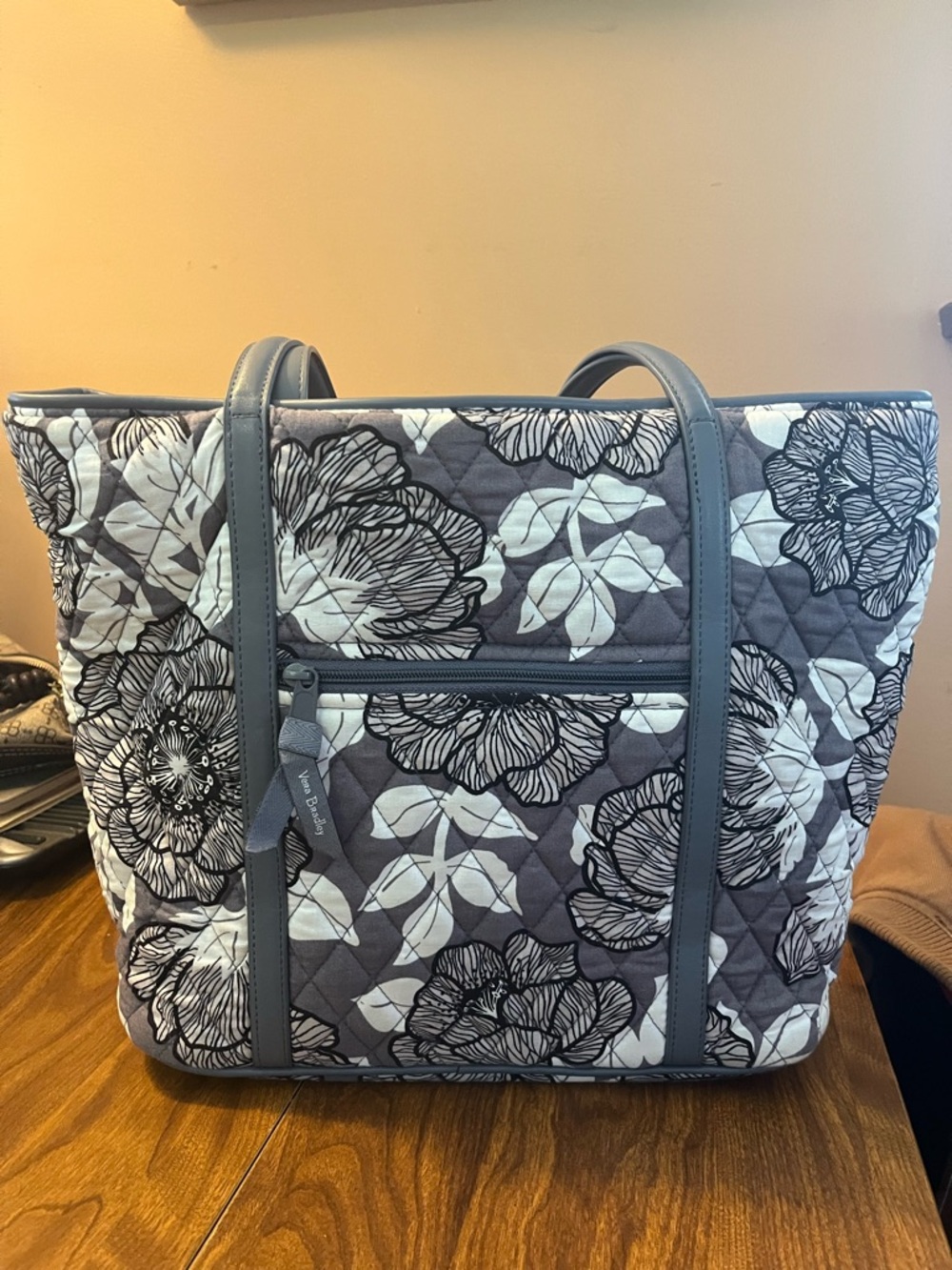 Quilted Floral Tote Bag in Gray and White